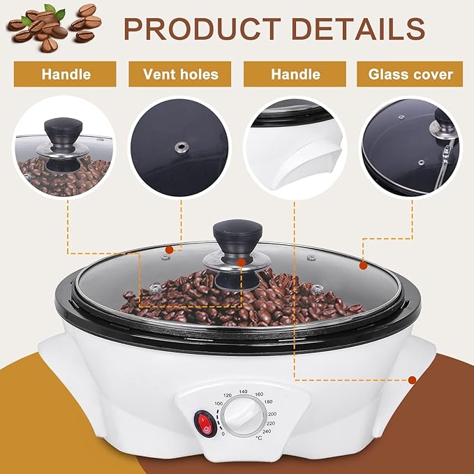 Electric Coffee Roaster Machine 500g/17.6oz Coffee Bean Roaster for Home Use 0-240℃ Non-Stick Home Peanut Beans Roaster 800W 110V