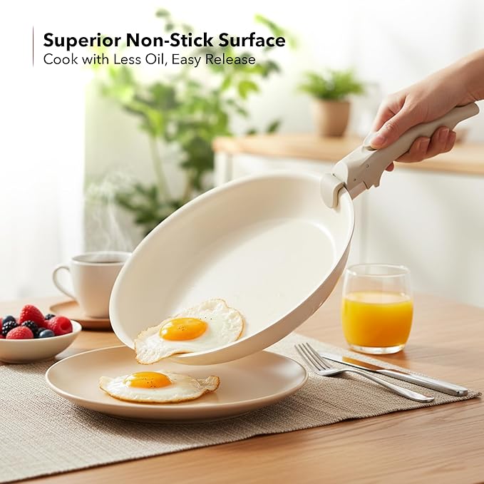 OVENTE 5Pcs Ceramic Pots and Pans Set Non Stick Induction Cookware with Lid Detachable Handle Non-toxic Kitchen Sauce Pots for Home or RV PFOA Free Stackable and Dishwasher Safe Cream CWAD01005C