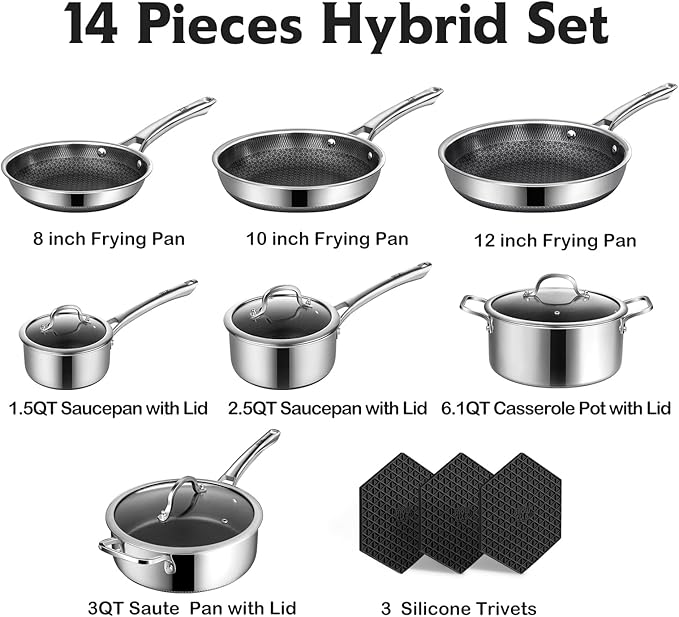 Pots and Pans Set Non Stick 14 Pcs Hybrid Stainless Steel Cookware Sets Non Stick Frying Pans Saucepans Saute Pan &amp Stock Pot PFOA Free Kitchen SkilletInduction Compatible