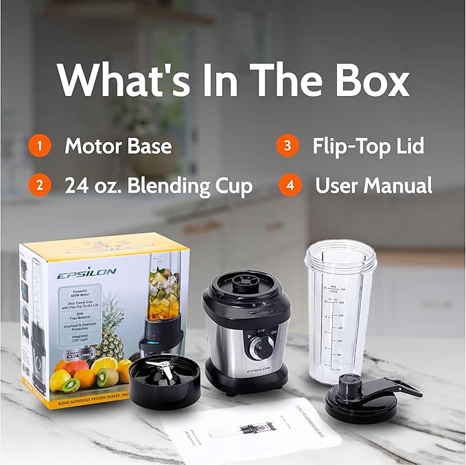 Epsilon Portable blender for Shakes and Smoothies – 400W Personal Blender with 24oz Portable Bottle Electric Personal Blender Bottle with 4-Blade Assembly Travel-Friendly and BPA-Free