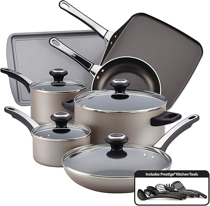 Farberware 21925 High Performance Nonstick Cookware Set / Pots and Pans Set Dishwasher Safe - 17 Piece Silver