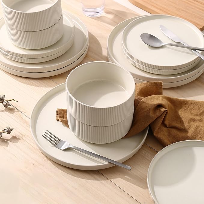 MONITO Ceramic Dinnerware Sets for 4 12PCS Stoneware Plates and Bowls Sets Reactive Glaze Dish Set Chip and Scratch Resistant Double Microwave and Dishwasher Safe Matte White