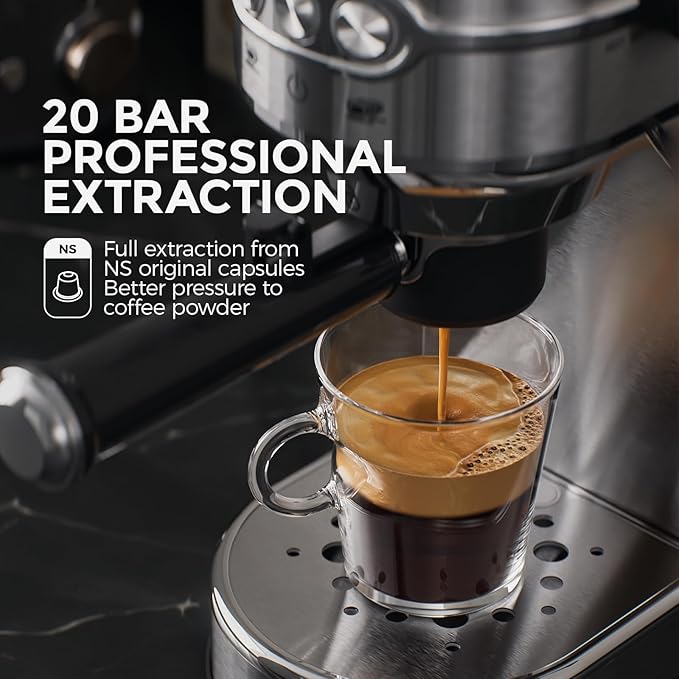 20-Bar Espresso Machine &amp Electric Milk Frother – Compatible with N Espresso Capsule &amp Coffee GroundStainless Steel