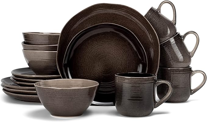 Elanze Designs Reactive Glaze Farmhouse Rustic Boho Ceramic Stoneware Dinnerware 16 Piece Plate Bowl Mug Dish Set - Service for 4 Mocha Grey Ombre