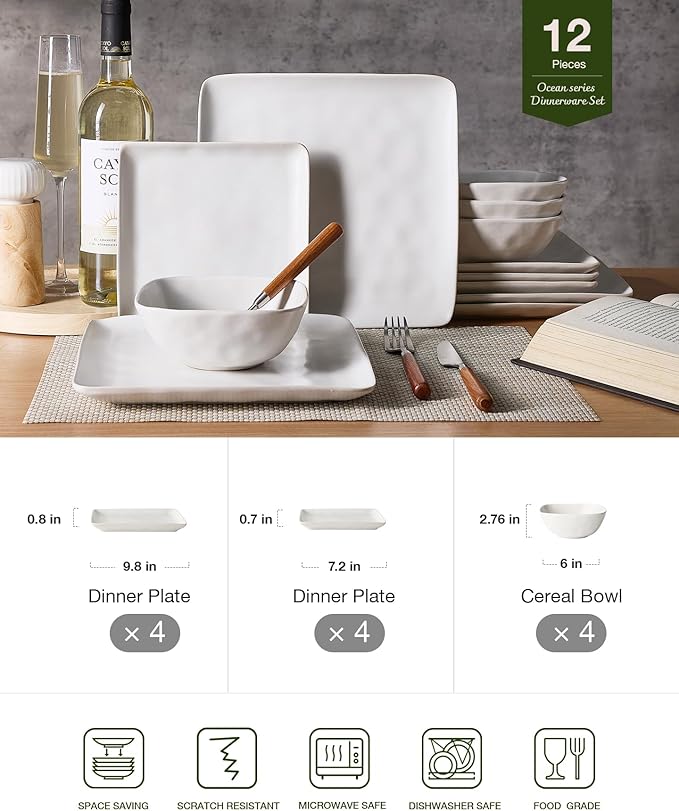 Famiware Dinnerware Sets for 4 Ocean Square 12-Piece Kitchen Plates and Bowls Sets Microwave and Dishwasher Safe Scratch Resistant Matte White
