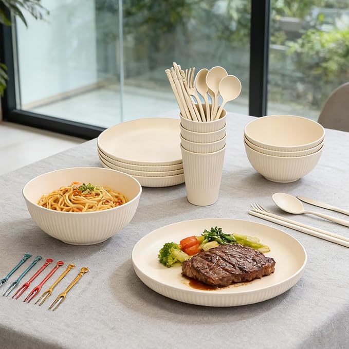Unbreakable Dinnerware Sets for 4 Lightweight Shatterproof Plates Bowls Cups with Travel Camping Cutlery Set Dishwasher Microwave Safe for Home Picnic Party