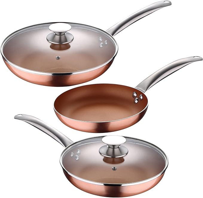 San Ignacio Optimum Cooper-Set of 5 Pieces: 3 Frying Pans 2 Lids-Copper Effect-20/24/28 cm - Non-Stick without PFOA-Induction and Gas Pressed Aluminium