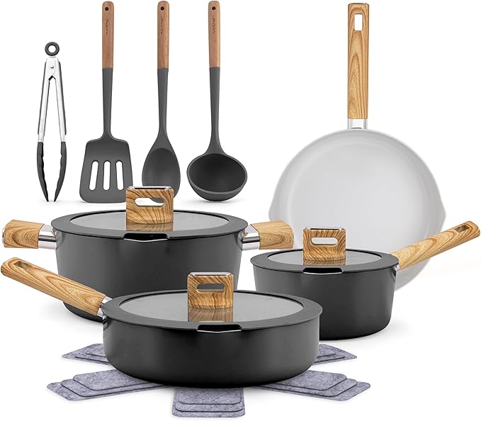 NutriChef Ceramic Cookware Set with Cooking Utensils 14-Piece Nonstick Cookware Set with Glass Lids Compatible with All Cooktops Heat-Resistant Handles and Stylish Finish (Black)