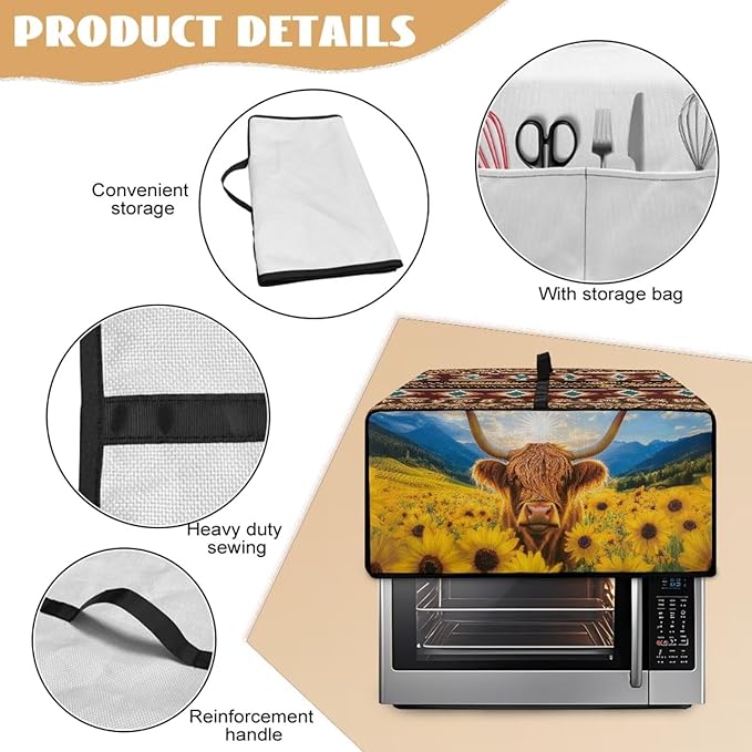 Highland Cattle Sunflower Print Toaster Oven Dust Cover for Kitchen Counter Aztec Print Heavy Duty Heat-resistant Air Fryer Oven Protective Cover (Large-18.5×22.5×12.99 inches)