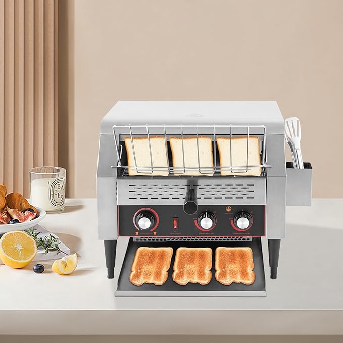 450 Slices/H Commercial Conveyor Toaster 1-7 Gears Electric Stainless Steel Restaurant Toaster Oven with Bread Clip &amp Storage Box for Restaurants Hotels 18.3 * 16.41 * 15.27in