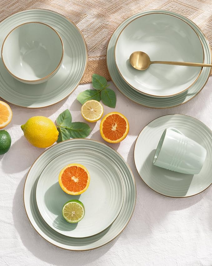 Famiware Jupiter Stoneware Dinnerware Sets for 4 (16-Piece) Handcrafted Dishes Set with Embossed Swirl &amp Speckles Green - Includes Scratch Resistant Pasta Bowl &amp Dinner Plate for Daily &amp