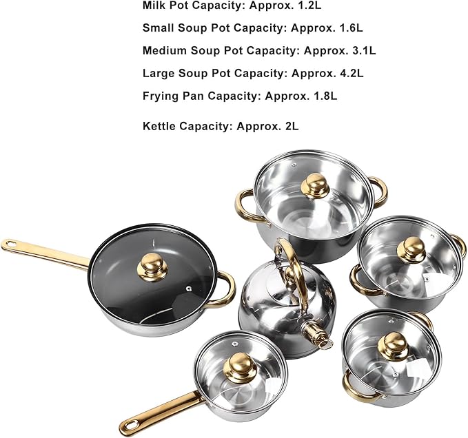 Home Stainless Steel Cookware Sets 12 Piece Pots and Pans Kitchen Cooking Set with Stay Cool Handles Dishwasher  Included Milk Pot Sauce Pan Fry Pan Kettle
