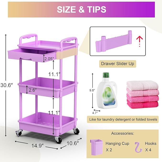 Goovilla 3 Tier Rolling Utility Cart Organizer with Removable Drawer Stable and Sturdy Purple Rolling Storage Carts with 2 Lockable Wheels for Bathroom Kitchen Snack Craft Makeup Baby Essentials