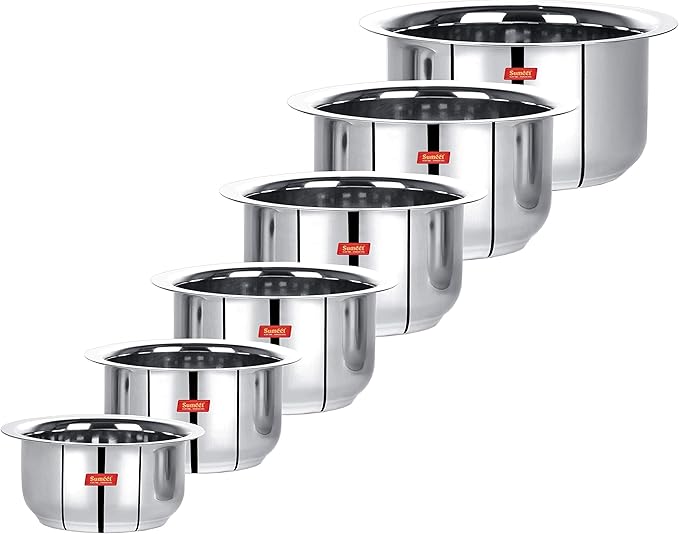 Sumeet Stainless Steel Mini to Big Size Flat Bottom Induction &amp Gas Stove Friendly Tope/Patila/Cookware Set of 6Pcs (370ML 550ML 800ML 1100ML1400ML 1800ML)