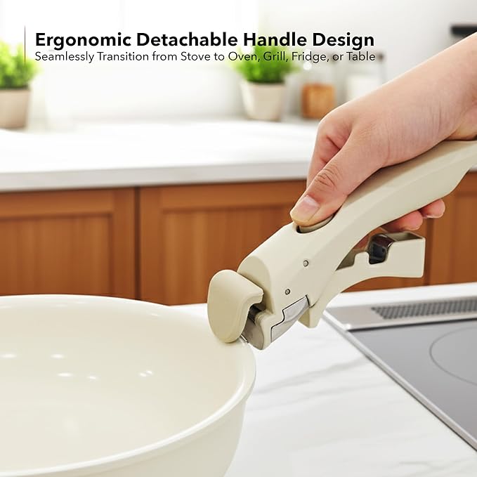 OVENTE 5Pcs Ceramic Pots and Pans Set Non Stick Induction Cookware with Lid Detachable Handle Non-toxic Kitchen Sauce Pots for Home or RV PFOA Free Stackable and Dishwasher Safe Cream CWAD01005C