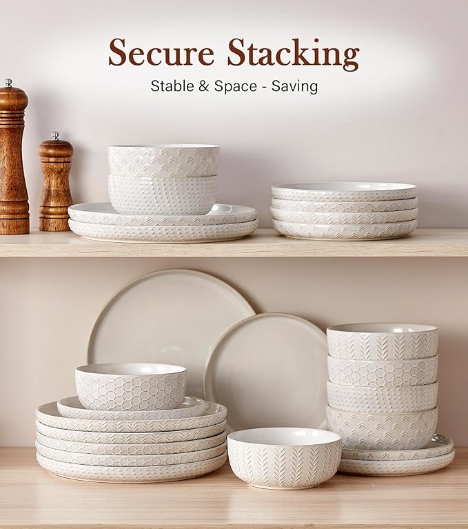 24 Piece Dinnerware Sets for 8 - Farmhouse Style Stoneware Plates and Bowls Sets - Scratch Resistant &amp Dishwasher Safe Embossed Boho Ceramic Dish Set Stack Compactly Dishware - Vintage White