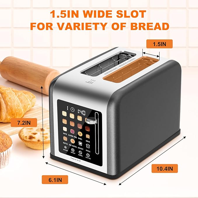 2 Slice Toaster Touch Screen Stainless Steel Toasters Digital Timer 2 Slot Toasters 8 Shade Settings 6 Bread Types for Bagel Cancel Defrost (Grey)