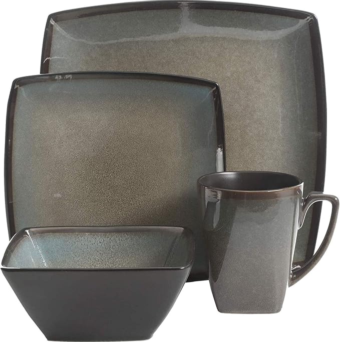 Gibson 101859.16RM Elite Tequesta 16 Piece Square Glazed Durable Dinnerware Set with Plates Bowls &amp Mugs Microwave/Dishwasher Ready Taupe (3 Pack)