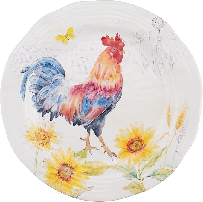 UPware 12 Piece Sunshine Rooster Melamine Dinnerware Sets Outdoor Dishes Set Plates and Bowls Sets Service for 4 Multicolor