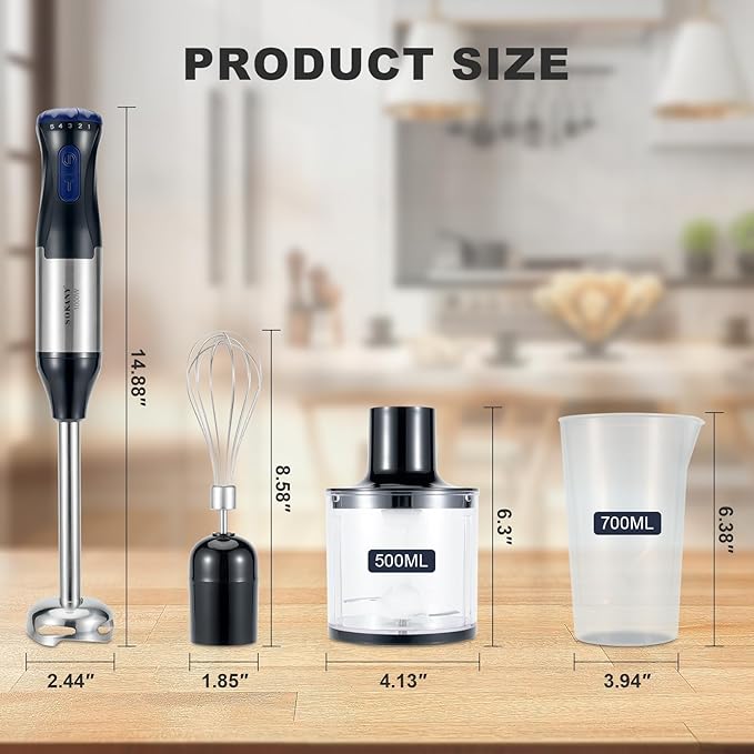 Immersion Blender 4 in 1 Hand Bender Max 1000W 5 Speeds &amp Turbo with Copper Motor Stainless Steel Blade Handheld Blender Stick Mixer with Egg Whisk 700ml Beaker &amp 500ml Chopper Bowl