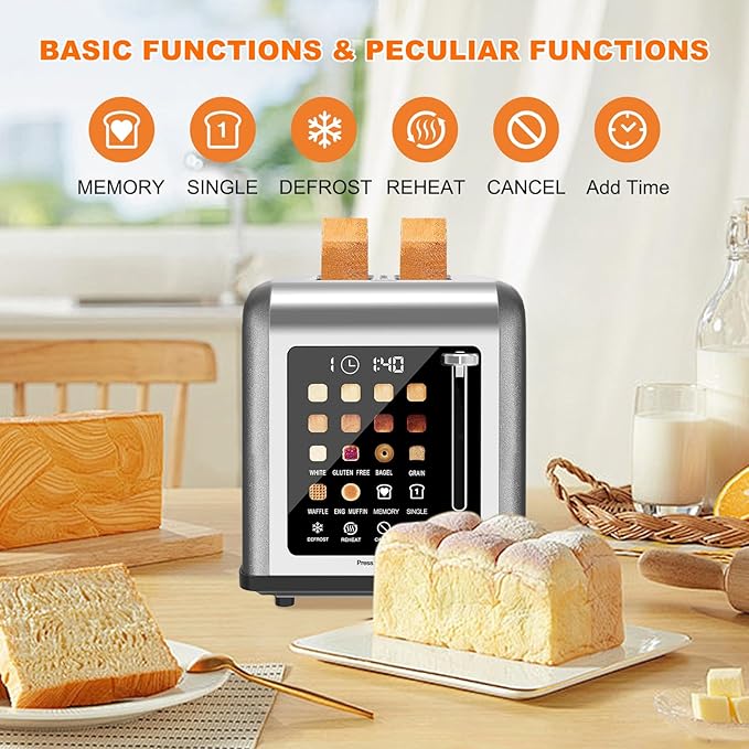 2 Slice Toaster Touch Screen Stainless Steel Toasters Digital Timer 2 Slot Toasters 8 Shade Settings 6 Bread Types for Bagel Cancel Defrost (Grey)