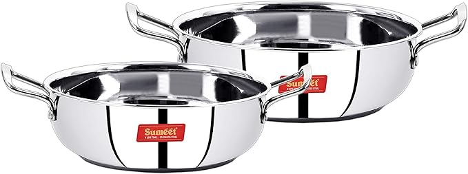 Sumeet Stainless Steel Encapsulated Bottom Induction and Gas Stove Friendly Kadhai - Set of 2 (Size No.11 and 12 1.5 L and 1.9 L)