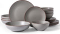 Famiware Venus Speckled Dinnerware Set with Pasta Bowls for 4 (16 Pieces) Stoneware Plates and Double Bowls Matte Dark Gray - Microwave &amp Dishwasher Safe Dishes with Trim for Everyday &amp Form
