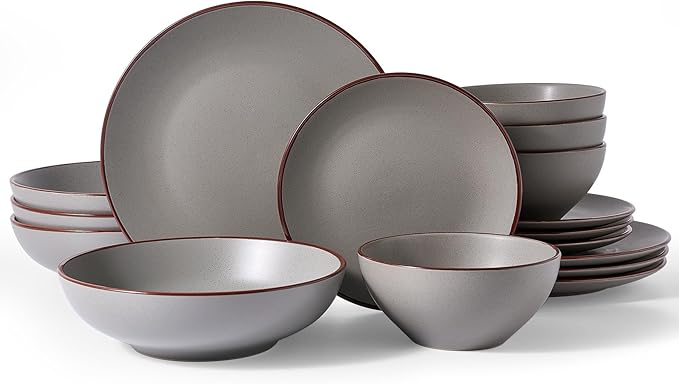 Famiware Venus Speckled Dinnerware Set with Pasta Bowls for 4 (16 Pieces) Stoneware Plates and Double Bowls Matte Dark Gray - Microwave &amp Dishwasher Safe Dishes with Trim for Everyday &amp Form