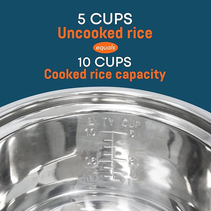 Elite Gourmet ERC-2010 Electric Rice Cooker with Stainless Steel Inner Pot Makes Soups Stews Grains Cereals Keep Warm Feature 10 Cups Cooked White