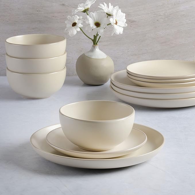 Gibson Home Rockaway 12-Piece Round Stoneware Dinnerware Set Service for 4 – Cream Plates and Bowls Modern Matte Finish Microwave &amp Dishwasher Safe