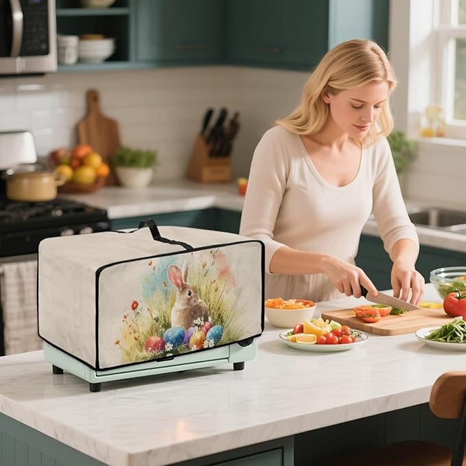Bunny Daisy Print Toaster Oven Dust Cover Easter Egg Printed Bread Maker Machine Covers with Side Pockets Kitchen Small Appliance Protector M