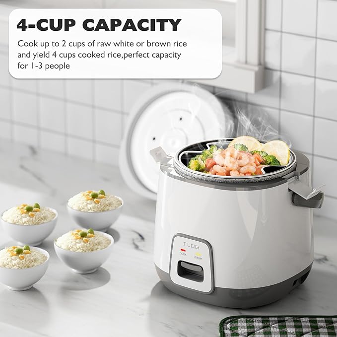 TLOG Mini Rice Cooker 2-Cup Uncooked(4-Cup cooked) Healthy Non-stick Coating 1.2L Small Rice Maker for 1-3 People Portable Travel Fast Cooker with Steam Tray Rice Maker for Grains White Rice Oatm