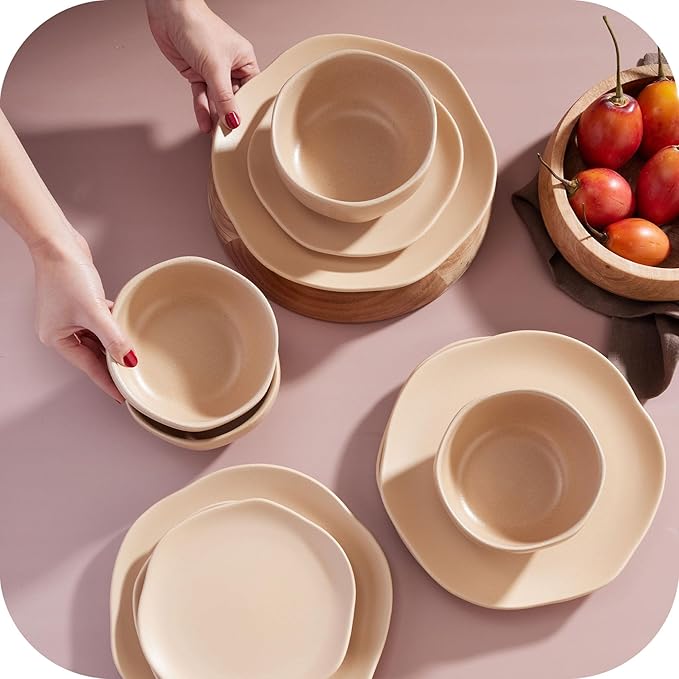 Corona Dinnerware Set 12–piece Plates and Bowls Set Ceramic Sets for 4 Microwave and Dishwasher Safe Areia Modern Organic Shape.