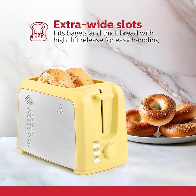 Holstein Housewares 2-Slice Toaster with 7 Browning Settings Extra-Wide Slots Reheat Defrost Cancel High-Lift Release Removable Crumb Tray – Compact Stainless Steel Yellow