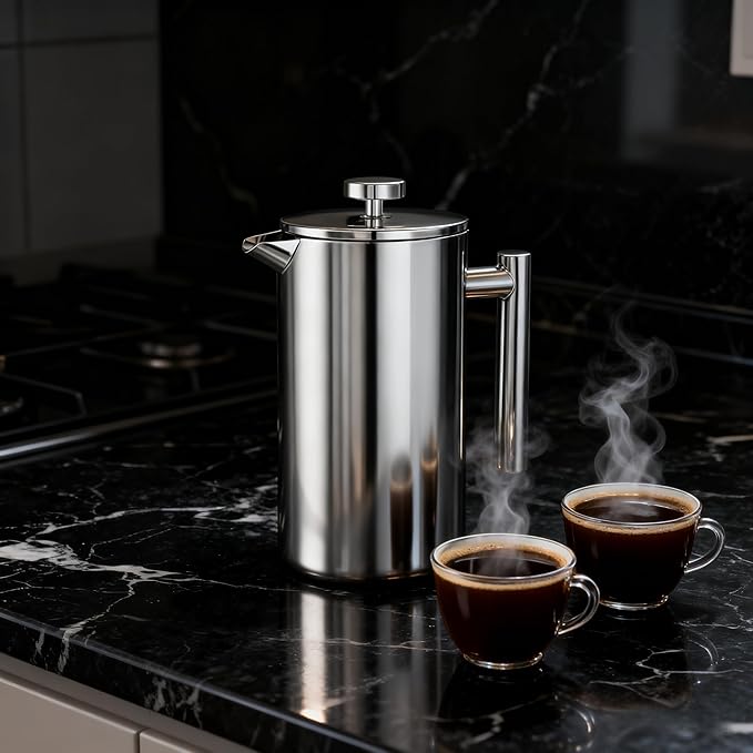 French Press Coffee Maker 34 Oz Dual-wall insulation easy clean durable Stainless Steel French Press Coffee Maker Food grade safe and reliable suitable for home and camping silver.