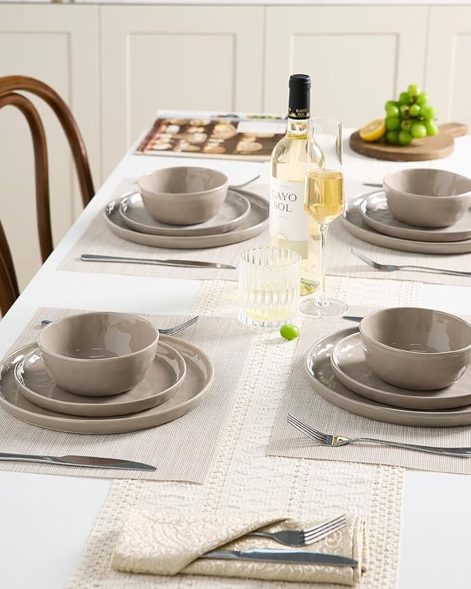 Famiware Mars Plates and Bowls Set 12 Pieces Dinnerware Sets Dishes Set for 4 Cinnamon Brown