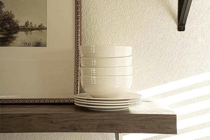 New Bone China 12 Piece Dinnerware Set Santorini Collection (Wave) White Daily Use China Embossed Tableware Service for 4