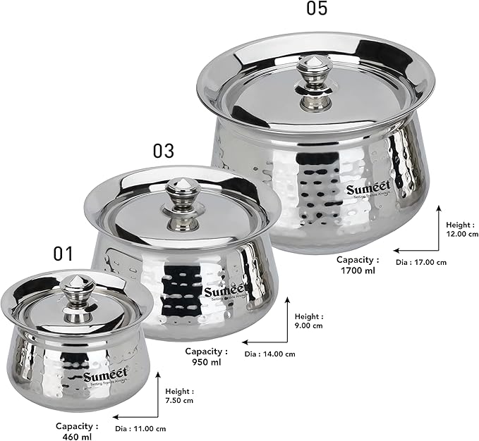 Sumeet Stainless Steel Handcrafted Hammered Texture Handi Set with Lid for Kitchen Set of 3 460ml 950ml &amp 1700ml Silver