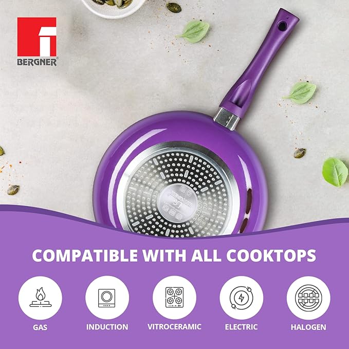 Bergner Albarino Non-Stick 4 Pcs Cookware Set - 24cm (2.5 L) Kadai with Glass Lid 24cm Frypan and 28cm Tawa Bakelite Handle Minimal Oil Use - Induction Bottom Diwali/Anniversary Gifting (Purple)