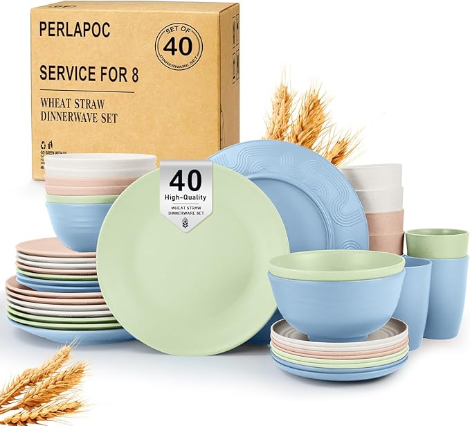 40 PCS Wheat Straw Dinnerware Sets Unbreakable Dishes Set for 8 Plastic Plates and Bowls Sets with Cups Dishwasher &amp Microwave Safe - Colorful
