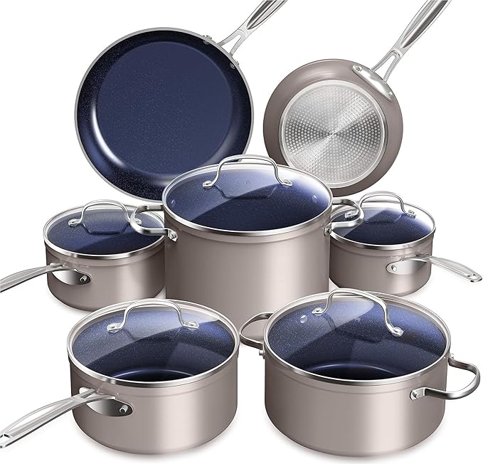 Nuwave Healthy Duralon Blue Ceramic Nonstick Cookware Set Diamond Infused Scratch-Resistant PFAS Free Dishwasher &amp Oven Safe Induction Ready &amp Evenly Heats Tempered Glass Lids &amp Stay-