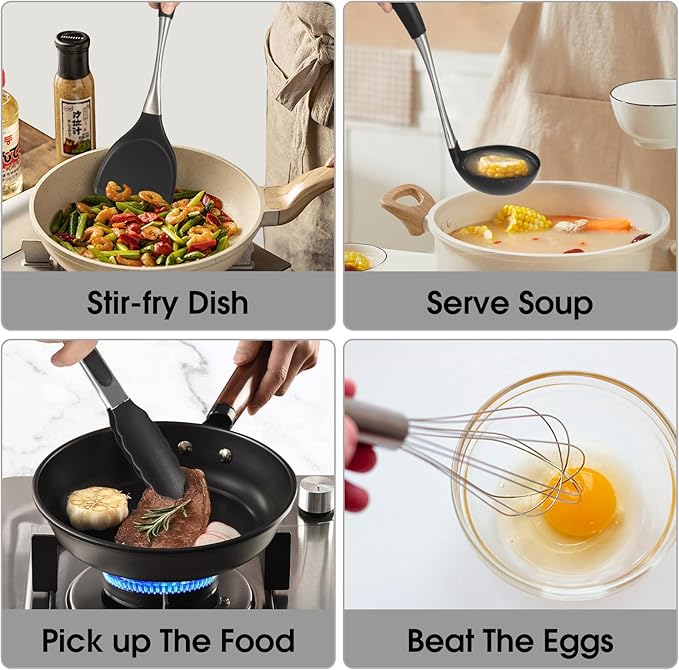 Premium Black Silicone Cooking Utensils Set - Non-Toxic Heat Resistant&amp Non-Stick Kitchen Utensils Set with Spatula Spoon Whisk Tongs BPA Free Dishwasher Safe Black