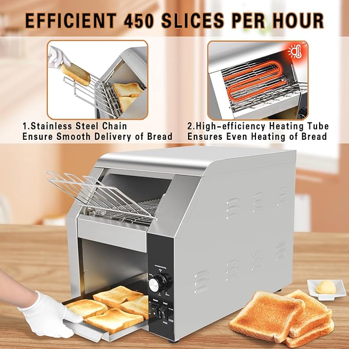 Hakka Commercial Conveyor Toaster 450 Slices/Hour Heavy Duty Conveyor Toaster Stainless Steel Toaster Oven Electric Restaurant Toaster with 3 Opening for Toast Bun Bagel Bread-120V1800W