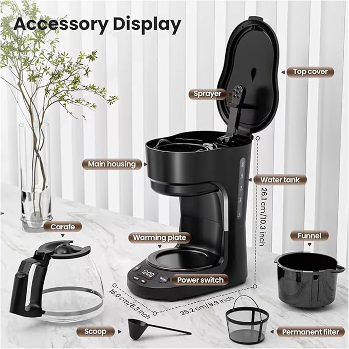 Coffee Maker with Warming Plate Black 2 Hours Keep Warm Function Permanent Filter Glass Carafe Auto Power Off 26 cm Capacity