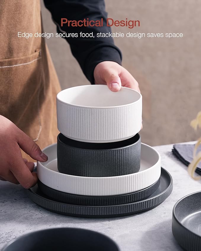 Famiware Star Dinnerware Set with Plates and Bowls Service for 4 (16-Piece) Stoneware Kitchen Dishes Dinner Sets - Matte White &amp Matte Dark Charcoal