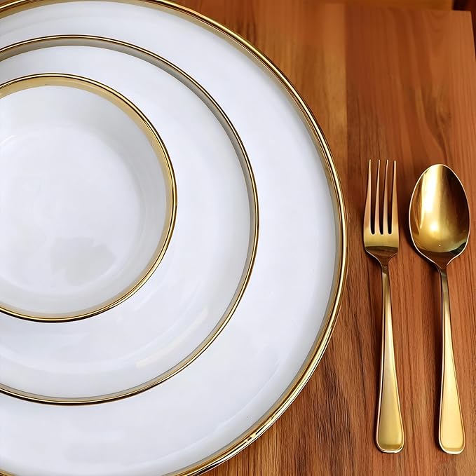 12 Pieces white and Gold Porcelain Dinnerware Set Plates and Bowls | Dinner and Salad Plates Ramen Bowls Dishes for 4 | Chip and Crack Resistant | Dishwasher &amp Microwave Safe Dishes Set