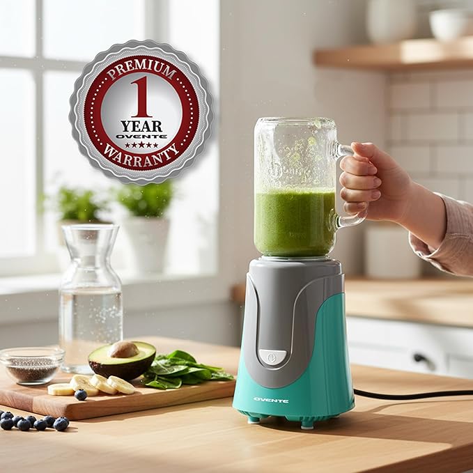 OVENTE Retro Personal Blender and Smoothie Maker with 18 Oz Mason Jar 300W Base Stainless Steel Blades BPA-Free and Dishwasher Safe Container Includes Reusable Straw and Lid Turquoise BLH1002T