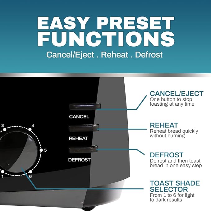 Elite Gourmet ECT4829B Long Slot 4 Slice Toaster 6 Toast Settings Toaster Defrost Reheat Cancel Functions Slide Out Crumb Tray Extra Wide Slots for Bagels Waffles Black