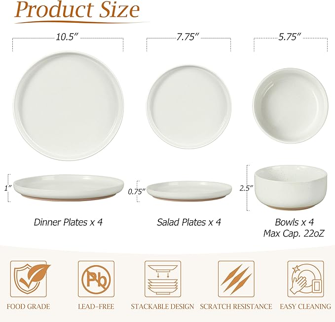 LIANYU Dinnerware Sets 12 Piece Plates and Bowls Set for 4 Ceramic Dishware Dishes Set Scratch Resistant Kitchen and Dining Stoneware Plates Microwave &amp Dishwasher Safe Snowy White