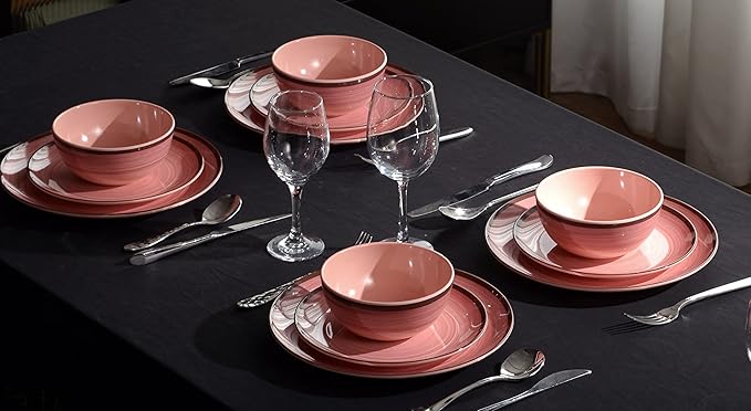 12Pcs Melamine Dinnerware Set Plates And Bowls Sets for 4 Pink Color Dinnerware Sets Melamine Plates Bowls Indoor and Outdoor Use Dish Set Dishwasher Safe BPA Free(Pink)